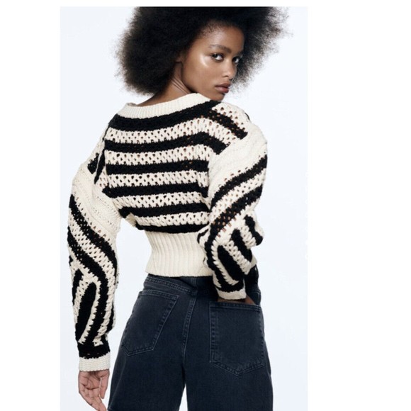 ZARA Striped croppe Chunky Knit Sweater Crochet Long Sleeve Limited Edition M L - Picture 2 of 11